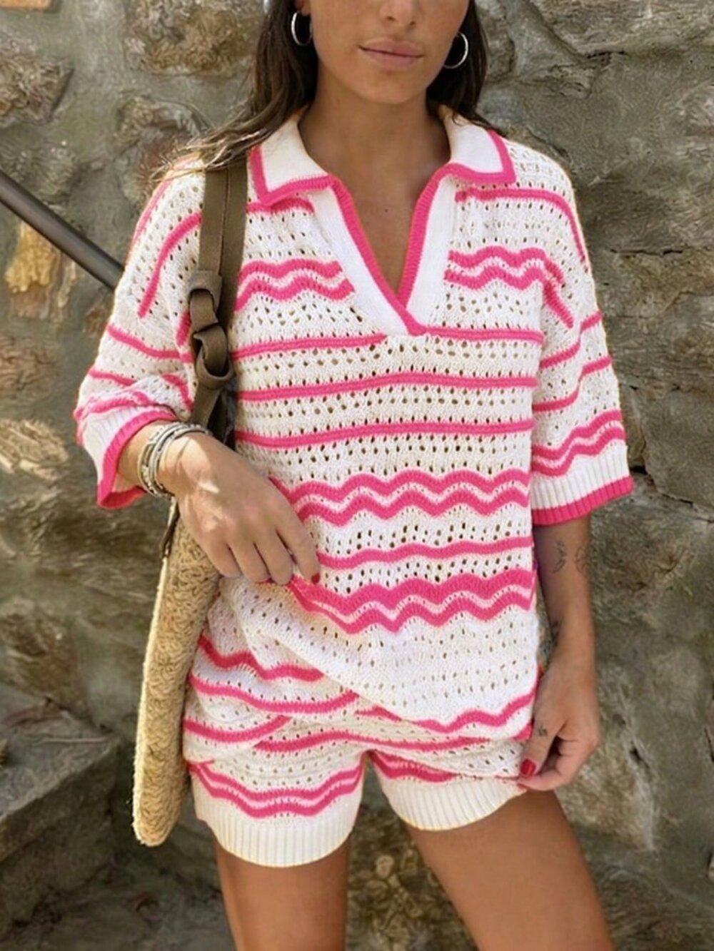 Pink Casual Women's Crochet Knit  Shorts Set with Striped V-Neck Top 2-Piece set - Picture 2 of 7